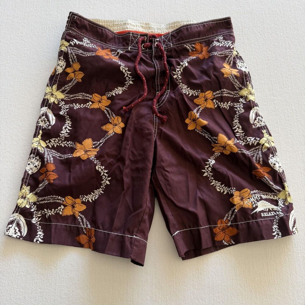 Tommy Bahama Swim Shorts Mens Small Brown Floral Hawaiian Trunks Mesh Lined